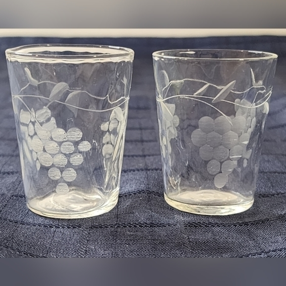 2 Vintage Grapes And Grapevine‎ Etched Glass Shot Glasses